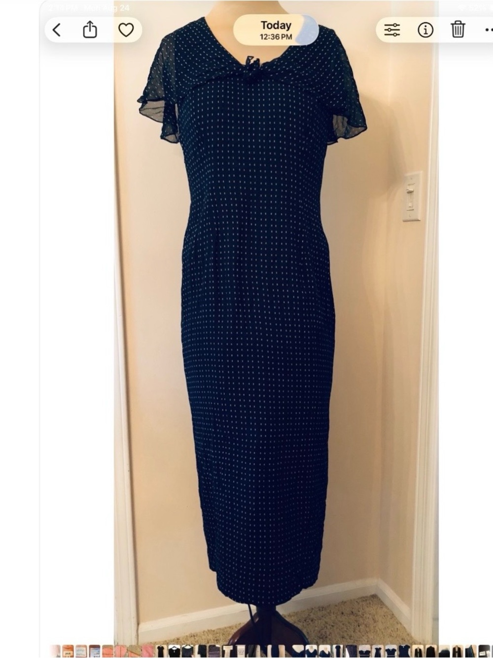 VTG Liz Claiborne 100% Silk Ruffle Maxi Dress Navy Blue Polka Dot Dash 14P 90’s